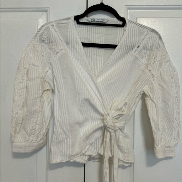 Zara Textured Embroidered White Wrap Top - Picture 3 of 7